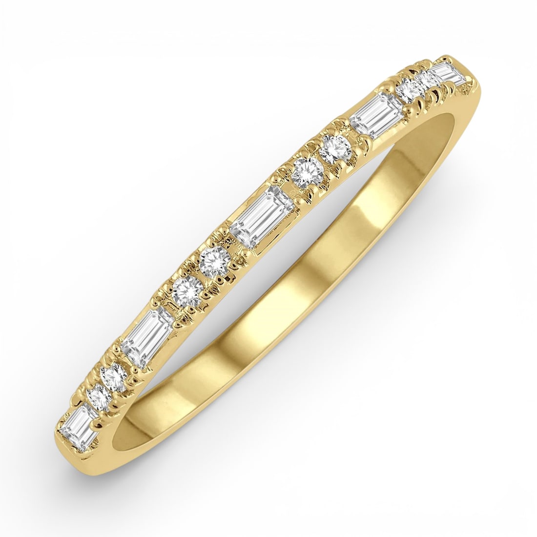 0.17 ctw Baguette & Round Diamond Stack Band 14K Yellow Gold Ring: Rare and radiant, this magnificent Stack Band ring featuring Natural Diamonds offers a touch of the extraordinary. A detailed Channel gallery secures the stones, rendered in 1.8 grams of lustrous 14K 