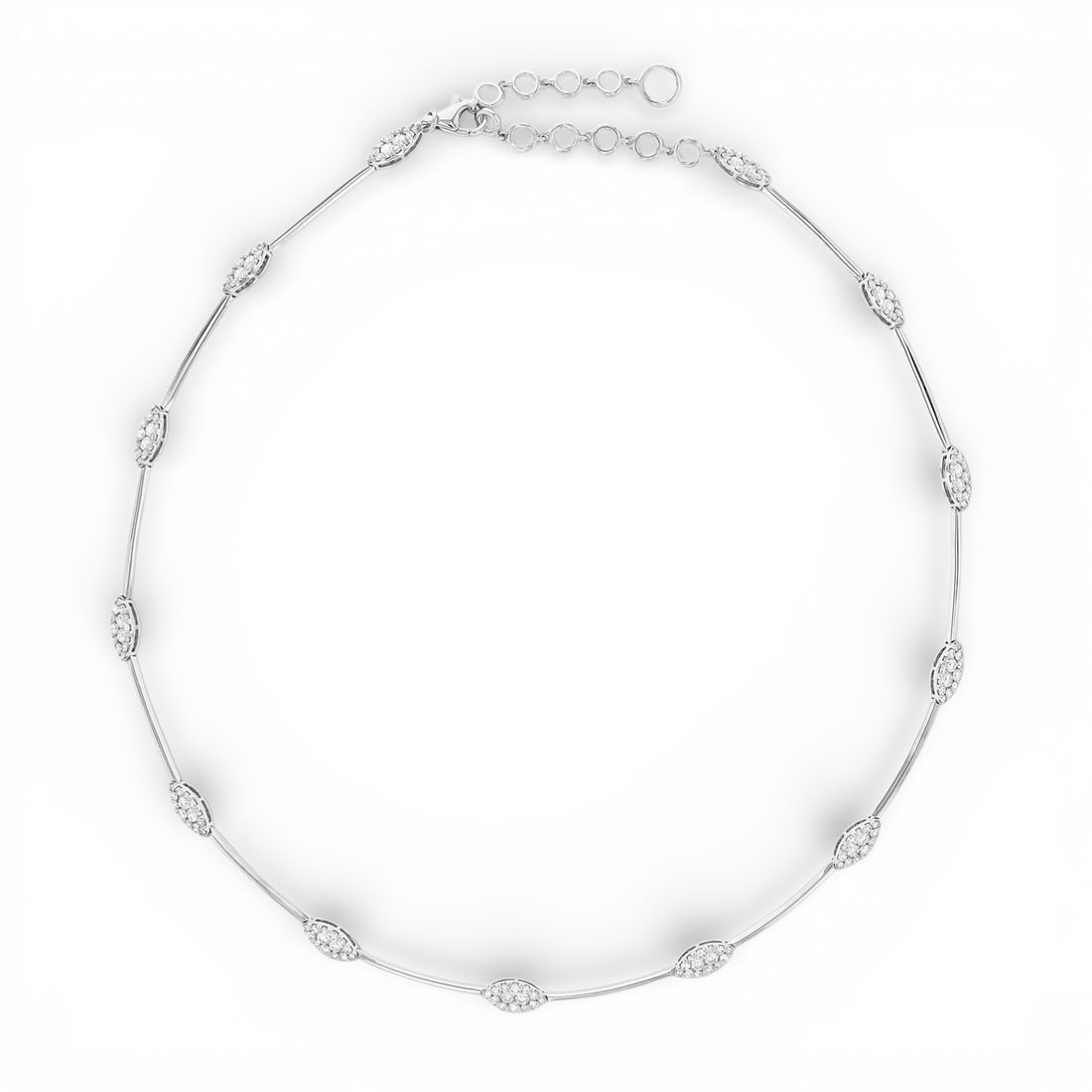 3.34 ctw Diamond Fiori Marquise Cluster 18K White Gold Necklace: A testament to superior craftsmanship, this magnificent Marquise Bar Cluster necklace featuring Natural Diamonds is unparalleled. Showcasing the gems in a Cluster arrangement, the necklace consists of