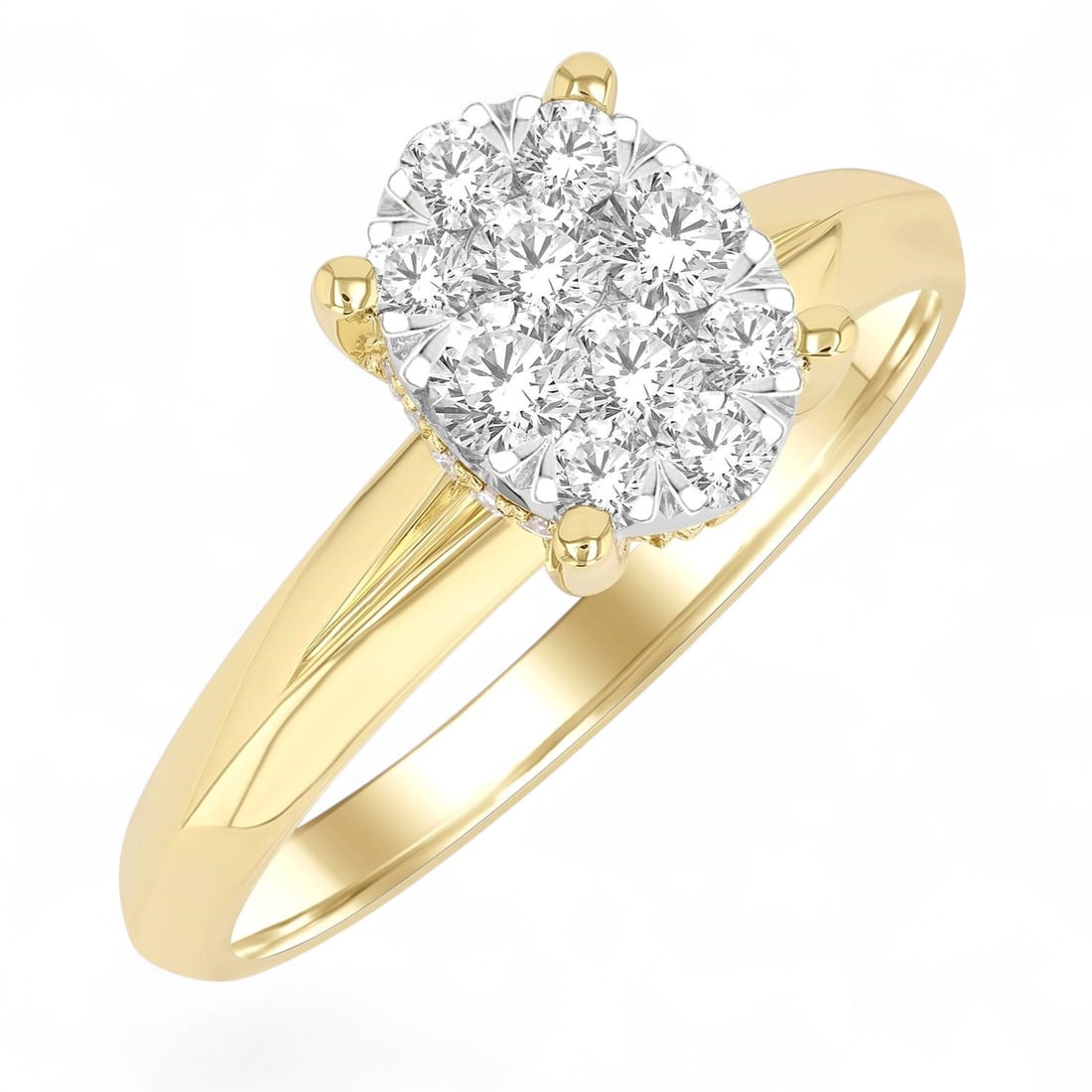 0.48 Ctw Knife Edge Shank Oval Shaped Cluster Diamond Modern 14K Yellow White Gold Ring - Certified: A testament to superior craftsmanship, this magnificent Knife Edge Shank Oval Shaped Cluster ring featuring Natural Diamonds is unparalleled. Showcasing the gems in a Cluster arrangement, the ring con