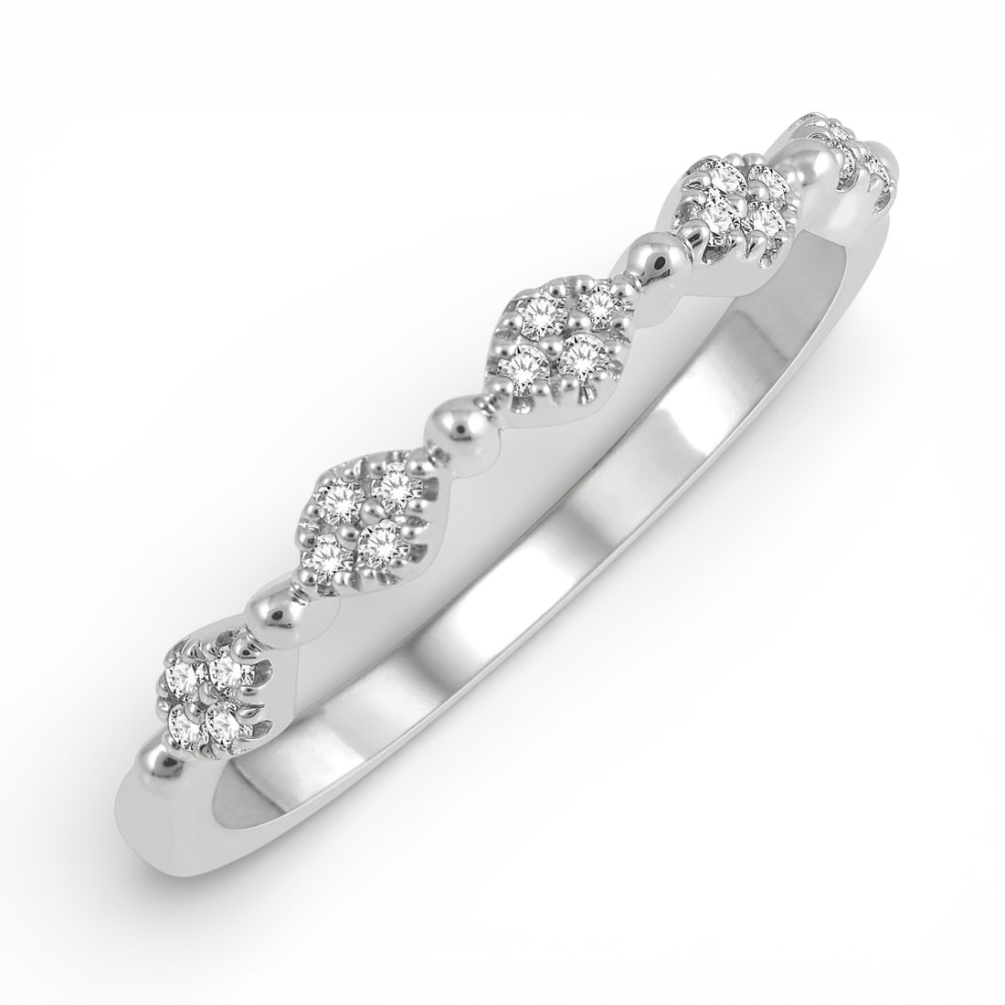 0.10 ctw Diamond 14K White Gold Band Ring: Captured in a moment of brilliance, this elegant Marquise Mount band ring featuring White Diamond speaks to the connoisseur. Securely held in a classic Cluster design, the band ring is forged from 1.7