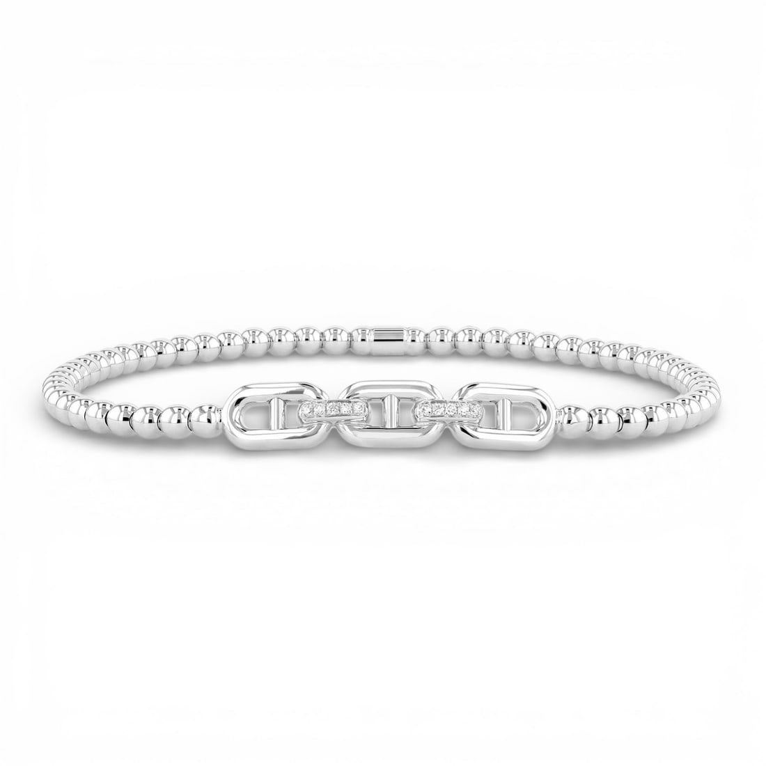 6.5in Sereno Stretch Bead 0.04 ctw Diamond 18K White Gold Bracelet: A testament to superior craftsmanship, this magnificent Bead bracelet featuring Natural Diamonds is unparalleled. A detailed Pave gallery secures the stones, rendered in 7.8 grams of lustrous 18K Whit