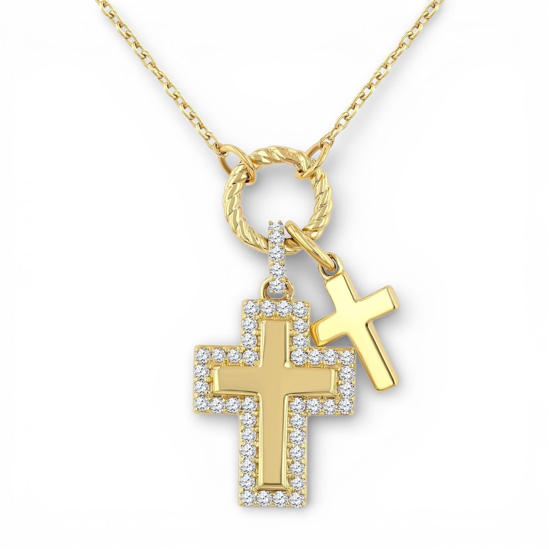 0.19 ctw White Diamond Cross 10K Yellow Gold Pendant Necklace: Rare and radiant, this elegant Cross necklace featuring White Diamond offers a touch of the extraordinary. Showcasing the gems in a Halo arrangement, the necklace consists of 2.05 grams of 10K Yellow 