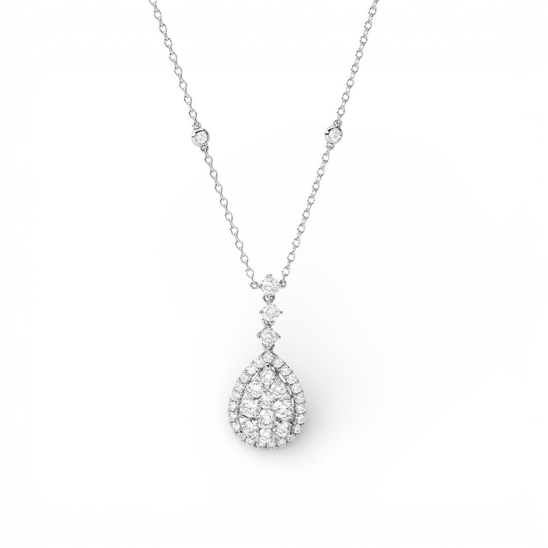 2.35 ctw Diamond Cluster 18K White Gold Pendant Necklace: A testament to superior craftsmanship, this breathtaking Fiori Pear Drop Cluster necklace featuring Natural Diamonds is unparalleled. Crafted with precision, the Cluster setting is seamlessly integrat