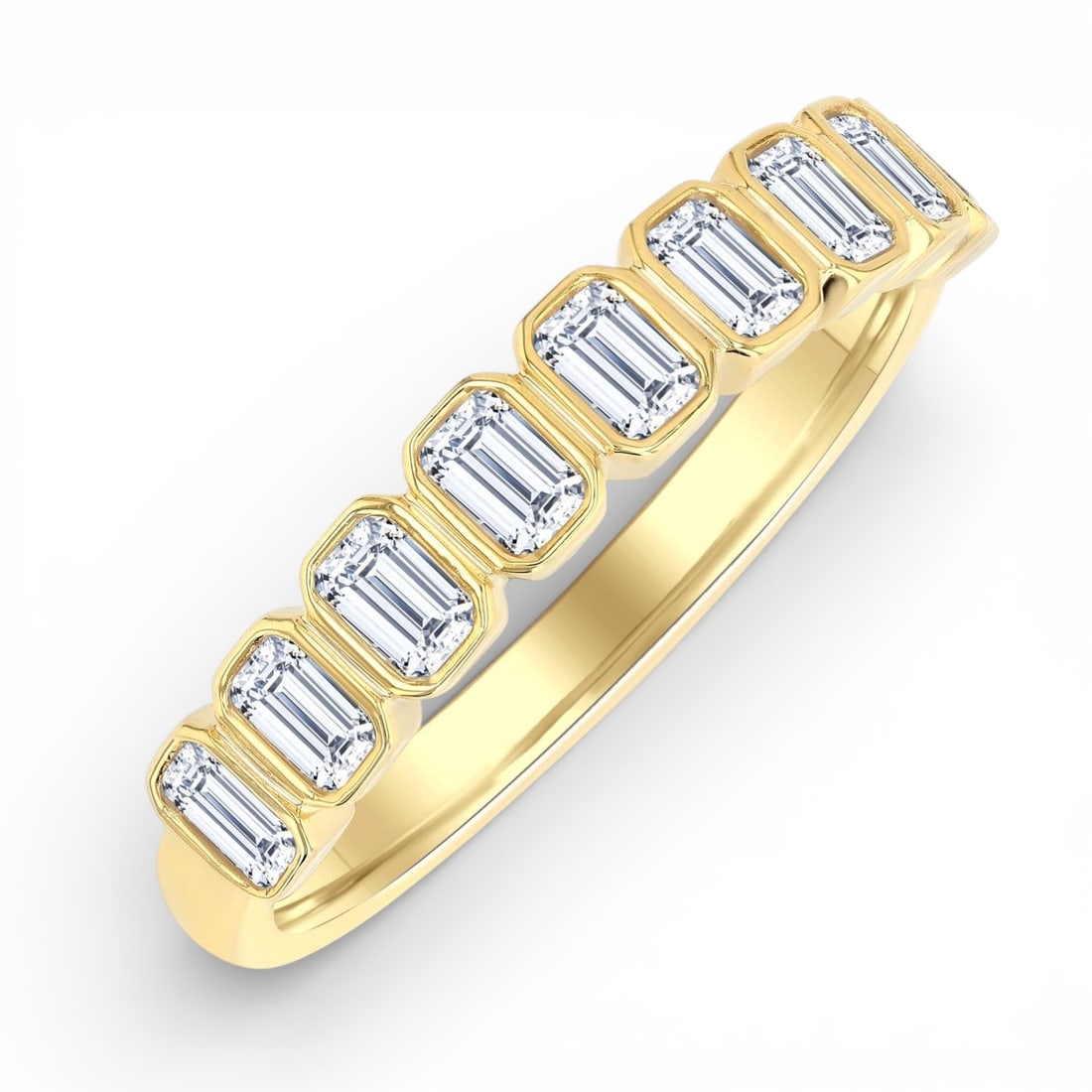 0.81 ctw Emerald Cut Diamond Bezel Set 14K Yellow Gold Band Ring: A testament to superior craftsmanship, this magnificent North-South Bezel Set ring featuring White Diamond is unparalleled. Crafted with precision, the Fashion Band setting is seamlessly integrated in
