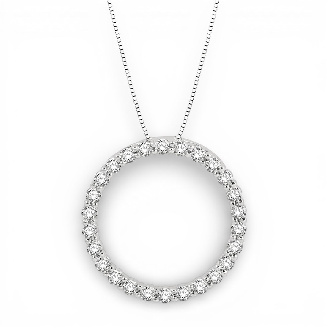 0.75 ctw Diamond Circle Pendant 14K White Gold: A vision of luxury, this elegant Circle pendant featuring Natural Diamonds defines sophistication. The gemstones are nestled within a Continuous Circle framework, supported by a substantial 1.8 grams 
