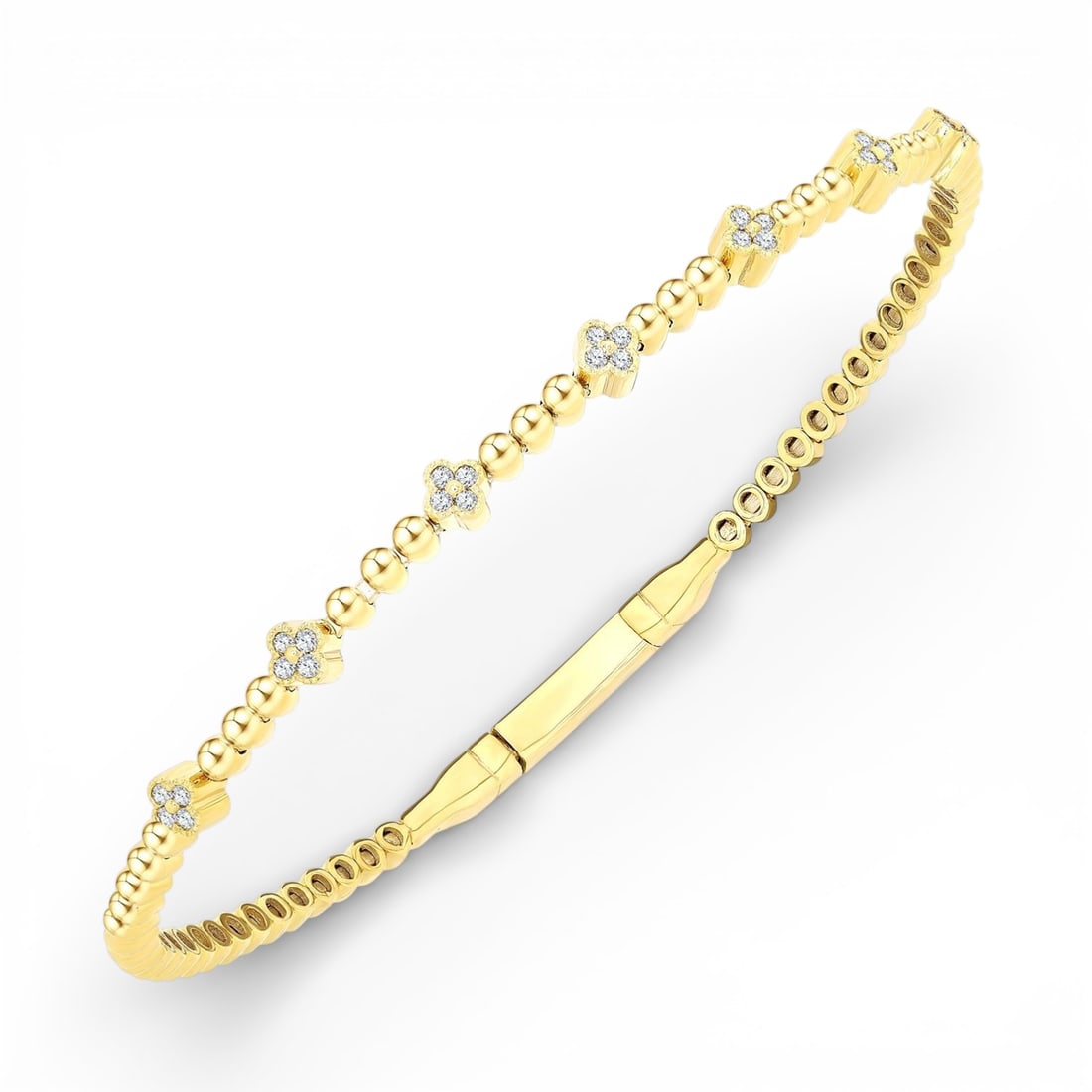 0.14 ctw Diamond Clover 10K Yellow Gold Flex Bangle: Epitomizing grandeur, this magnificent Clover bangle bracelet featuring White Diamond stands as a beacon of refined taste. Crafted with precision, the Flexible Bangle setting is seamlessly integrated 