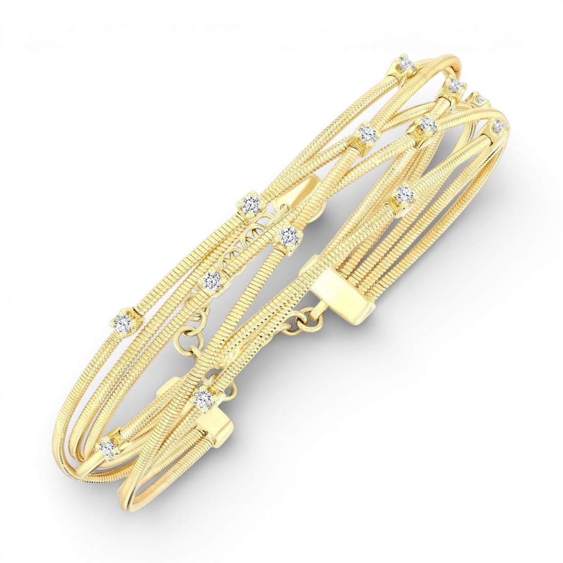 0.46 ctw Round Diamond Criss Cross Network 14K Yellow Gold Bangle: Captured in a moment of brilliance, this magnificent Criss Cross Network bracelet featuring Natural Diamonds speaks to the connoisseur. Securely held in a classic Multi-Strand Flexible Link Network de