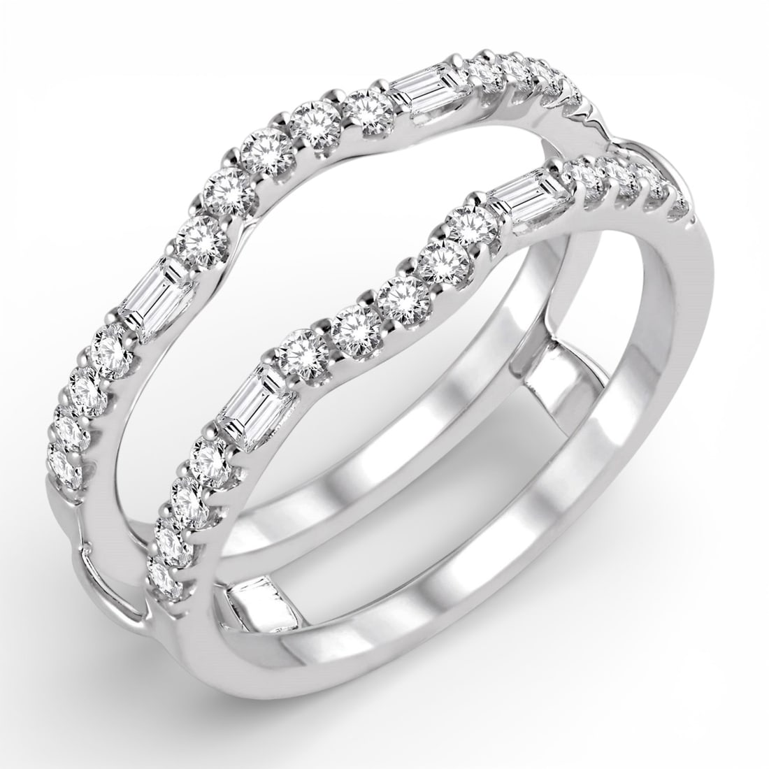 0.56 ctw Baguette & Round Diamond Insert Ring 14K White Gold: Timeless and sophisticated, this elegant Insert Ring featuring Natural Diamonds radiates enduring beauty. Expertly mounted in an Insert/Enhancer setting, the ring is crafted in 3.0 grams of solid 14K 