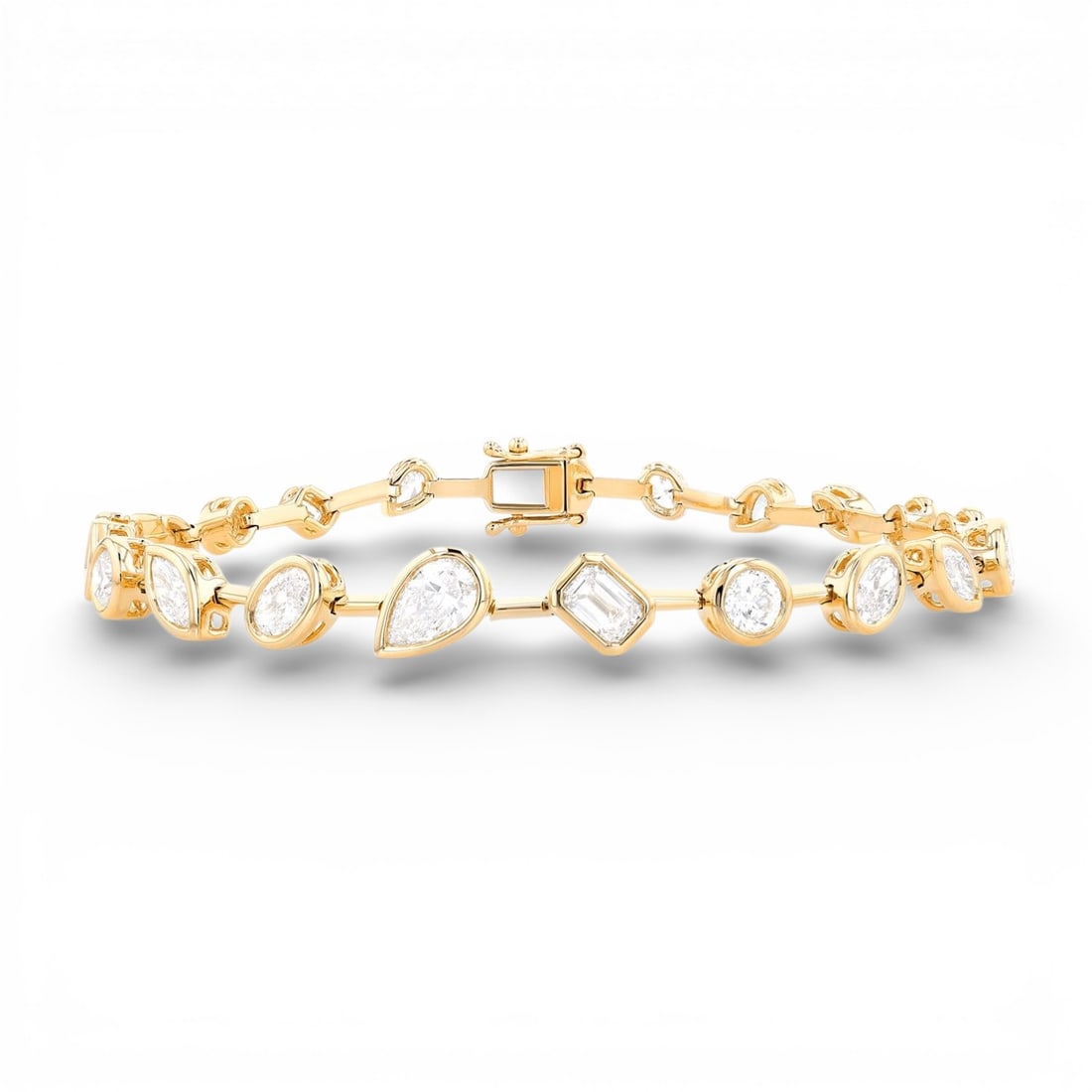 4.36 ctw White Diamond Multishaped Bezel 18K Yellow Gold Bracelet: Defining modern elegance, this magnificent Multishaped Bezel bracelet featuring White Diamond captures the essence of style. Expertly mounted in a Bezel setting, the bracelet is crafted in 11.35 grams