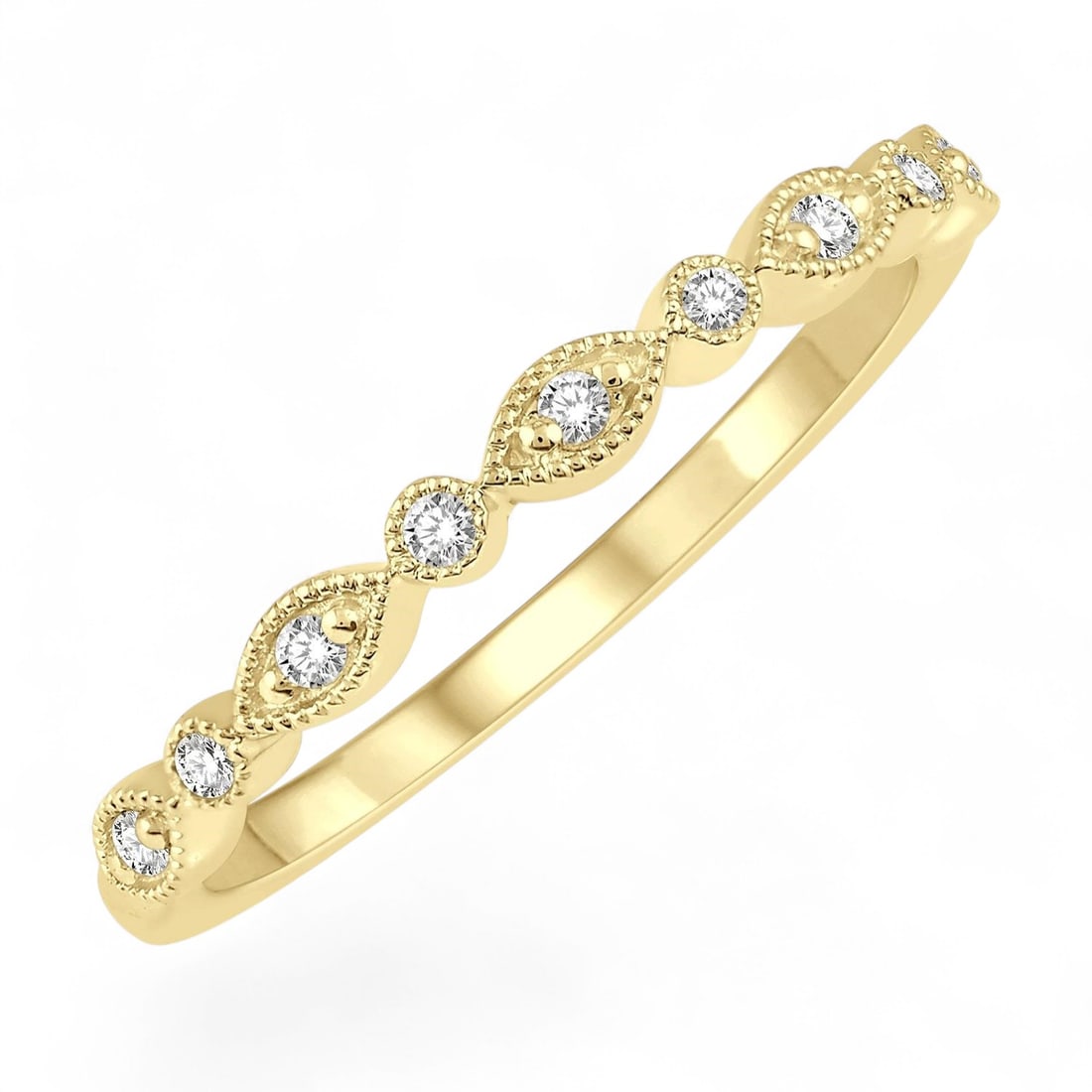 0.1 Ctw Stackable Milgrain Band Diamond Modern 14K Yellow Gold Ring - Certified (1 of 3)