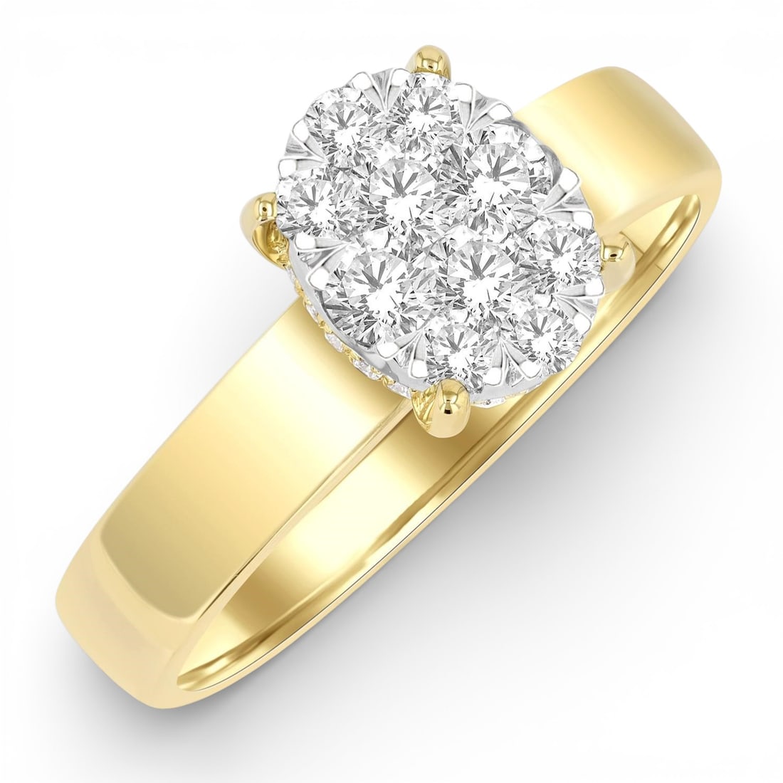 0.55 ctw White Diamond Cluster 14K Yellow & White Gold Ring: Epitomizing grandeur, this magnificent Bold Shank Oval Shaped Cluster ring featuring White Diamond stands as a beacon of refined taste. Crafted with precision, the Cluster setting is seamlessly integr