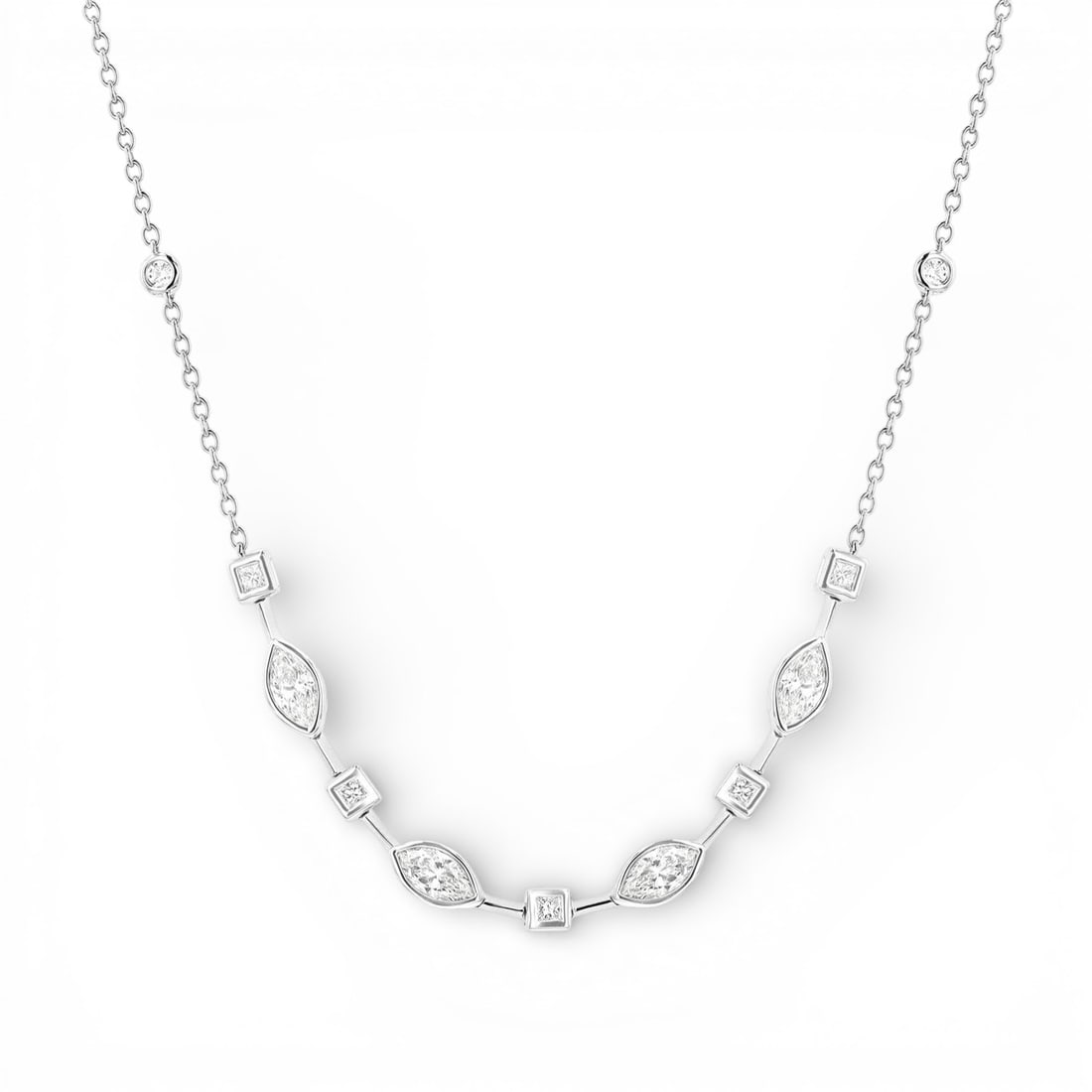 1.58 ctw Multishape Diamond Duchess Smile 18K White Gold Necklace: Captured in a moment of brilliance, this breathtaking Duchess Smile necklace featuring Natural Diamonds speaks to the connoisseur. Expertly mounted in a Bezel setting, the necklace is crafted in 4.25 