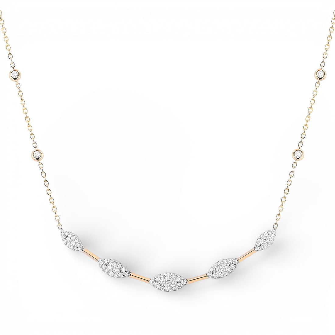 1.17 ctw Diamond Cluster 18K Yellow & White Gold Necklace: A vision of luxury, this stunning Cluster necklace featuring White Diamond defines sophistication. Securely held in a classic Cluster design, the necklace is forged from 4.75 grams of high-polish 18K 