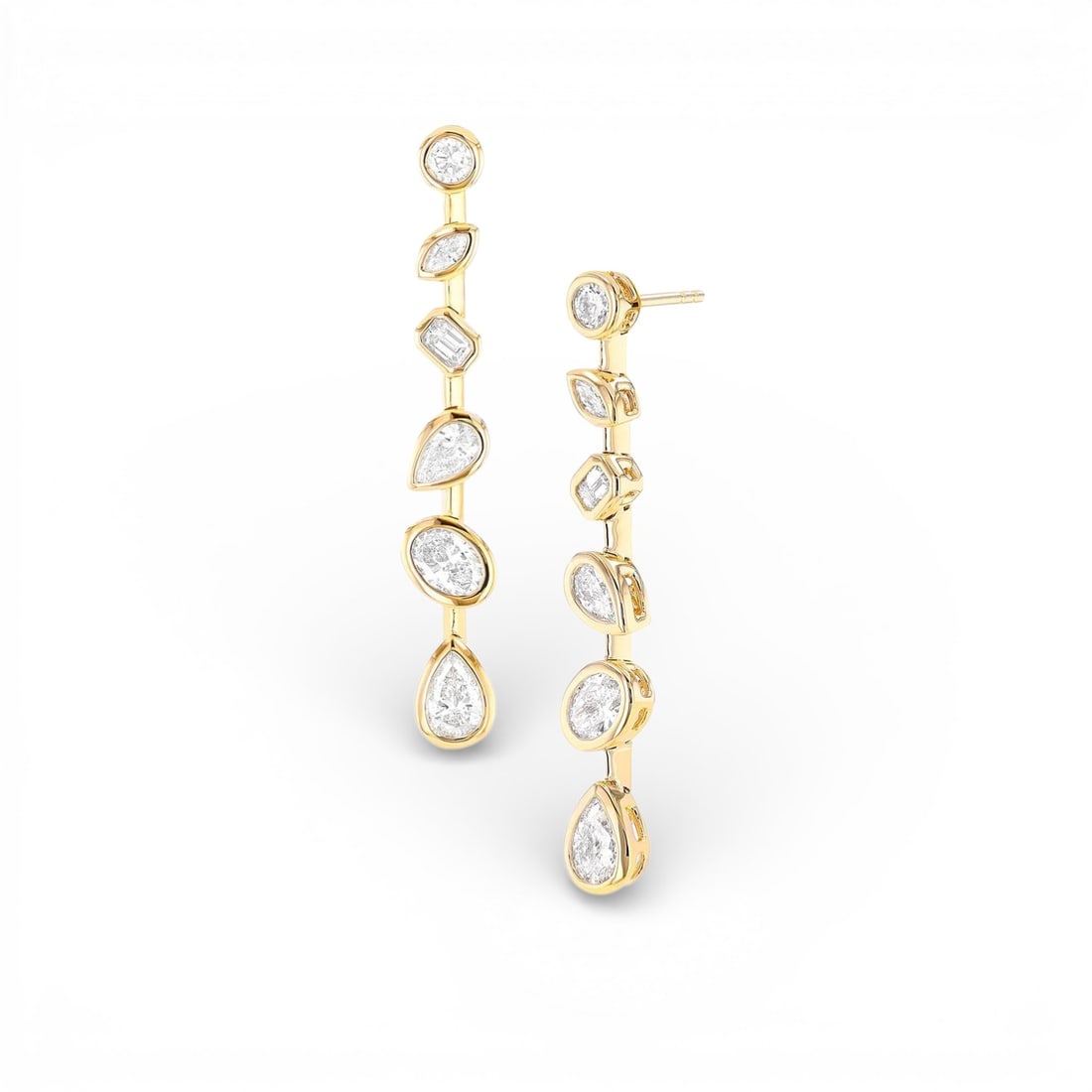 Duchess Bar Mixed 2.09 ctw Diamond 18K Yellow Gold Earrings: Captured in a moment of brilliance, this breathtaking Duchess Bar Mixed pair of earrings featuring White Diamond speaks to the connoisseur. Expertly mounted in a Linear Drop setting, the earrings are 