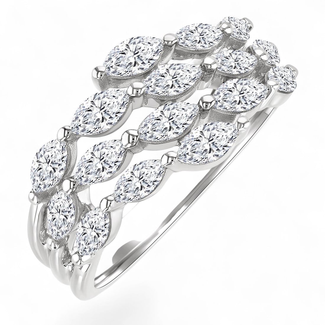 1.56 Ctw Split Open-End Triple Row Marquise Cut White Diamond Modern 14K White Gold Ring - Certified: Timeless and sophisticated, this magnificent Split Open-End Triple Row Marquise Cut ring featuring Natural Diamonds radiates enduring beauty. The gemstones are nestled within a Split Shank framework, 