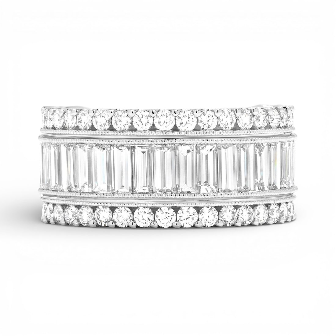 2.88 ctw Baguette Diamond Wide Band 18K White Gold Ring: Rare and radiant, this magnificent Wide Band ring featuring Natural Diamonds offers a touch of the extraordinary. Showcasing the gems in a Wide Band arrangement, the ring consists of 10.2 grams of 18K