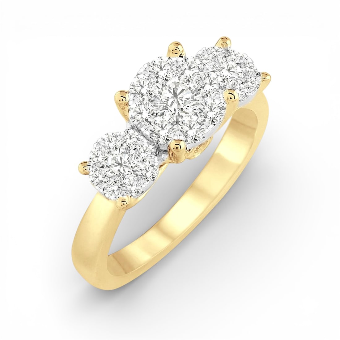0.76 ctw White Diamond Cluster Three Stone 14K Yellow & White Gold Ring: Timeless and sophisticated, this elegant Cluster ring featuring White Diamond radiates enduring beauty. Securely held in a classic Three-Stone design, the ring is forged from 3.95 grams of high-polish