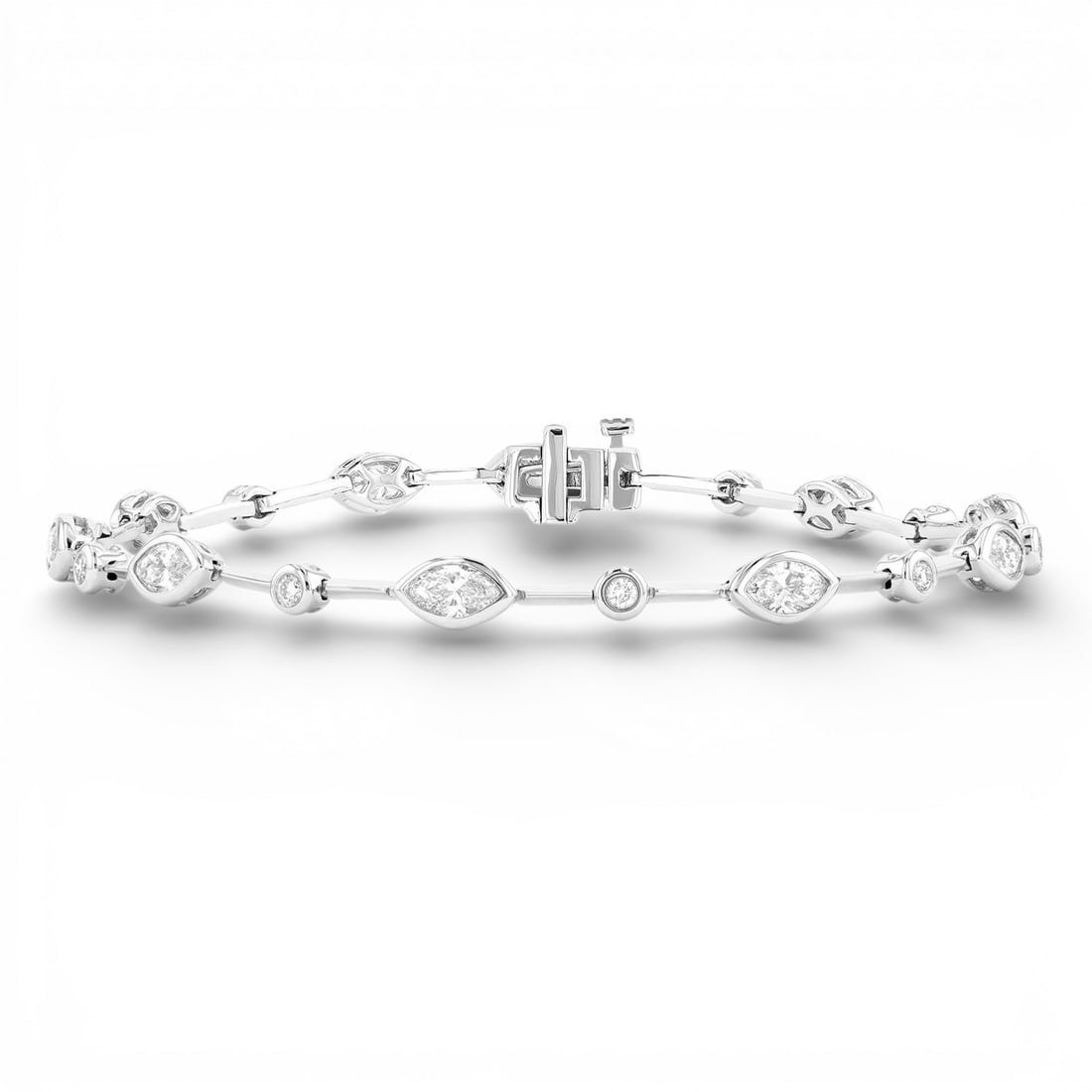 2.18 ctw Marquise & Round Diamond Bezel 18K White Gold Link Bracelet: A testament to superior craftsmanship, this exquisite Duchess Link Bracelet featuring Natural Diamonds is unparalleled. Showcasing the gems in a Link Bracelet with alternating Bezel-Set stones arrange