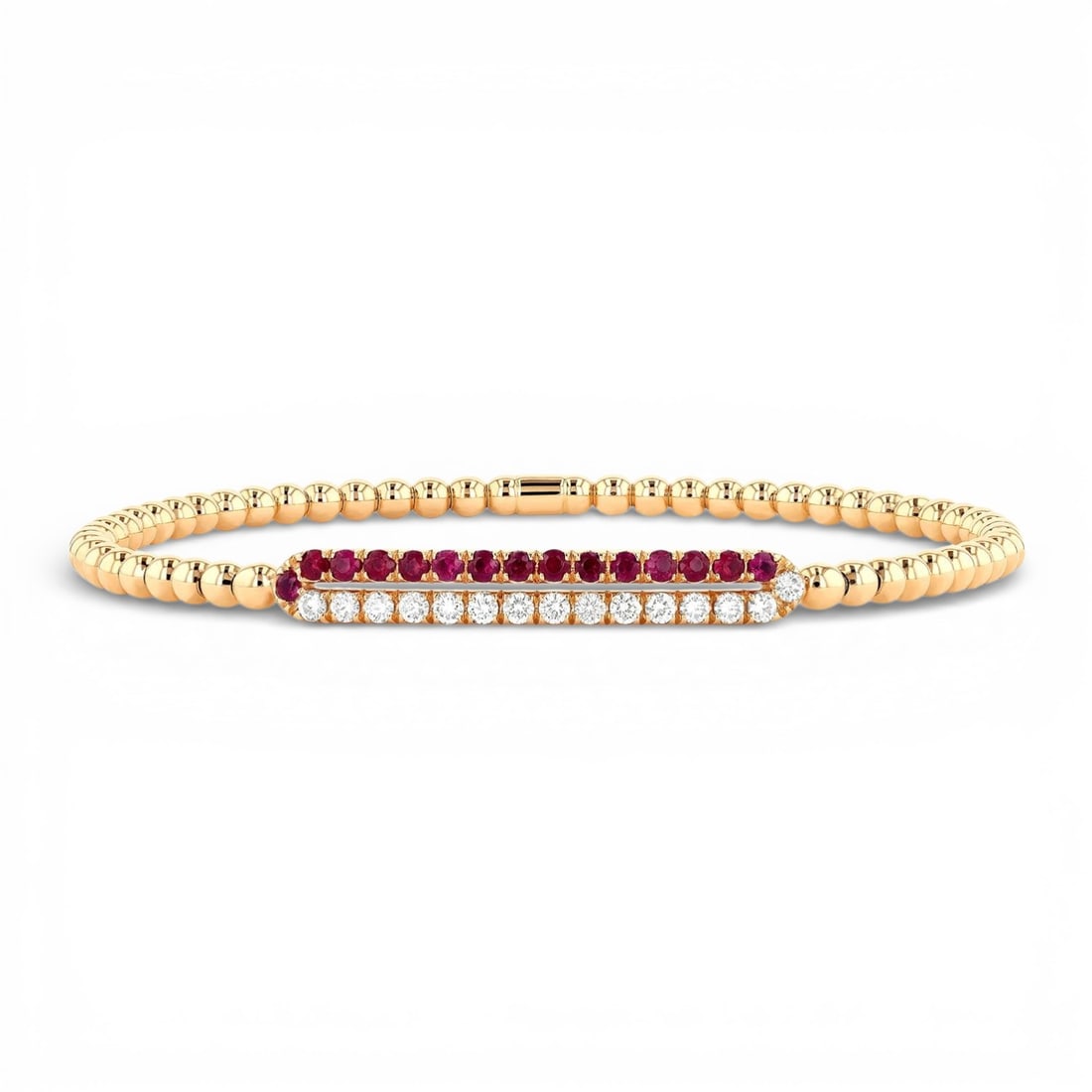 6.5" Ruby and 0.45 ctw Diamond 18K Yellow Gold Stretch Bracelet: A vision of luxury, this stunning Gold Bead bracelet featuring Ruby, White Diamond defines sophistication. Expertly mounted in a Bar setting, the bracelet is crafted in 6.95 grams of solid 18K Yellow 