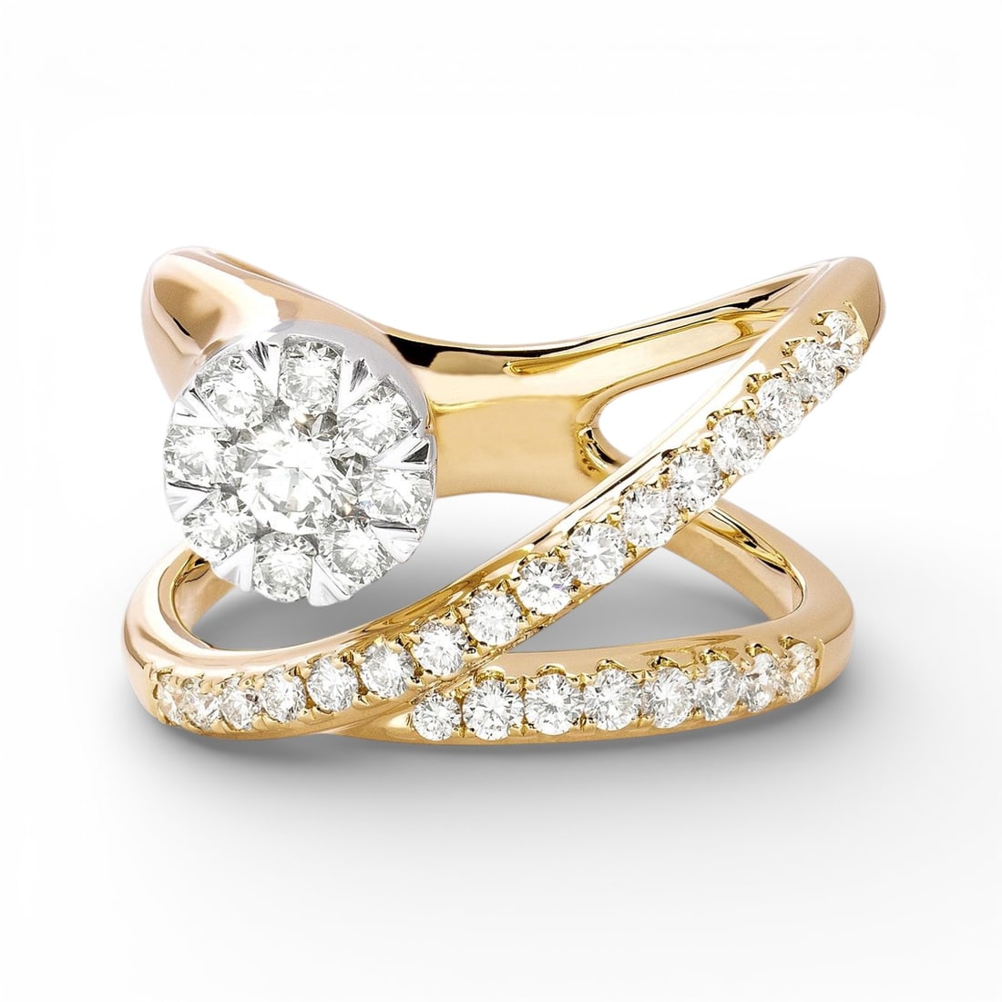 0.93 ctw Fiori Cluster Diamond 18K Yellow & White Gold Ring: Defining modern elegance, this exquisite Fiori Cluster ring featuring White Diamond captures the essence of style. Securely held in a classic Cluster design, the ring is forged from 7.85 grams of high