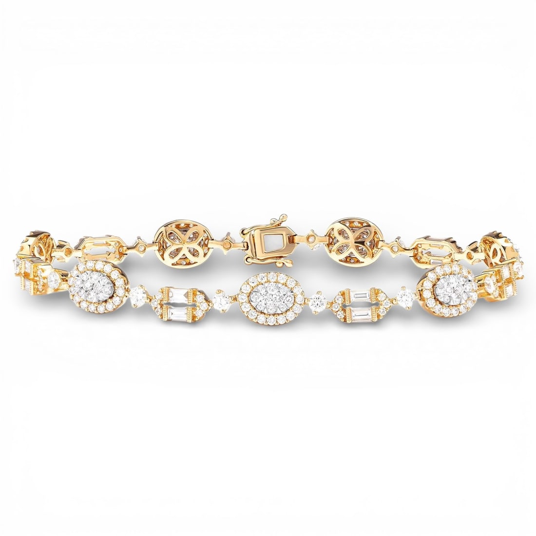 Fiori Vintage 3.7 ctw White Diamond 18K Yellow & White Gold Link Bracelet: An exquisite masterpiece of haute joaillerie, this breathtaking Fiori Vintage bracelet featuring Natural Diamonds is a true treasure. A detailed Link gallery secures the stones, rendered in 14.05 gram