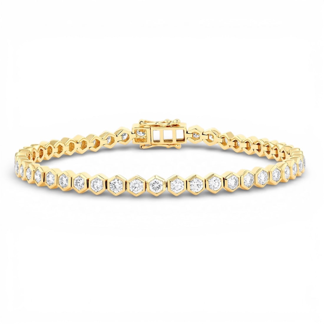 4.0 ctw Bezel Set Diamond Hexagon Motif 14K Yellow Gold Tennis Bracelet: A testament to superior craftsmanship, this breathtaking Hexagon Motif tennis bracelet featuring Natural Diamonds is unparalleled. A detailed Bezel gallery secures the stones, rendered in 11.0 grams o