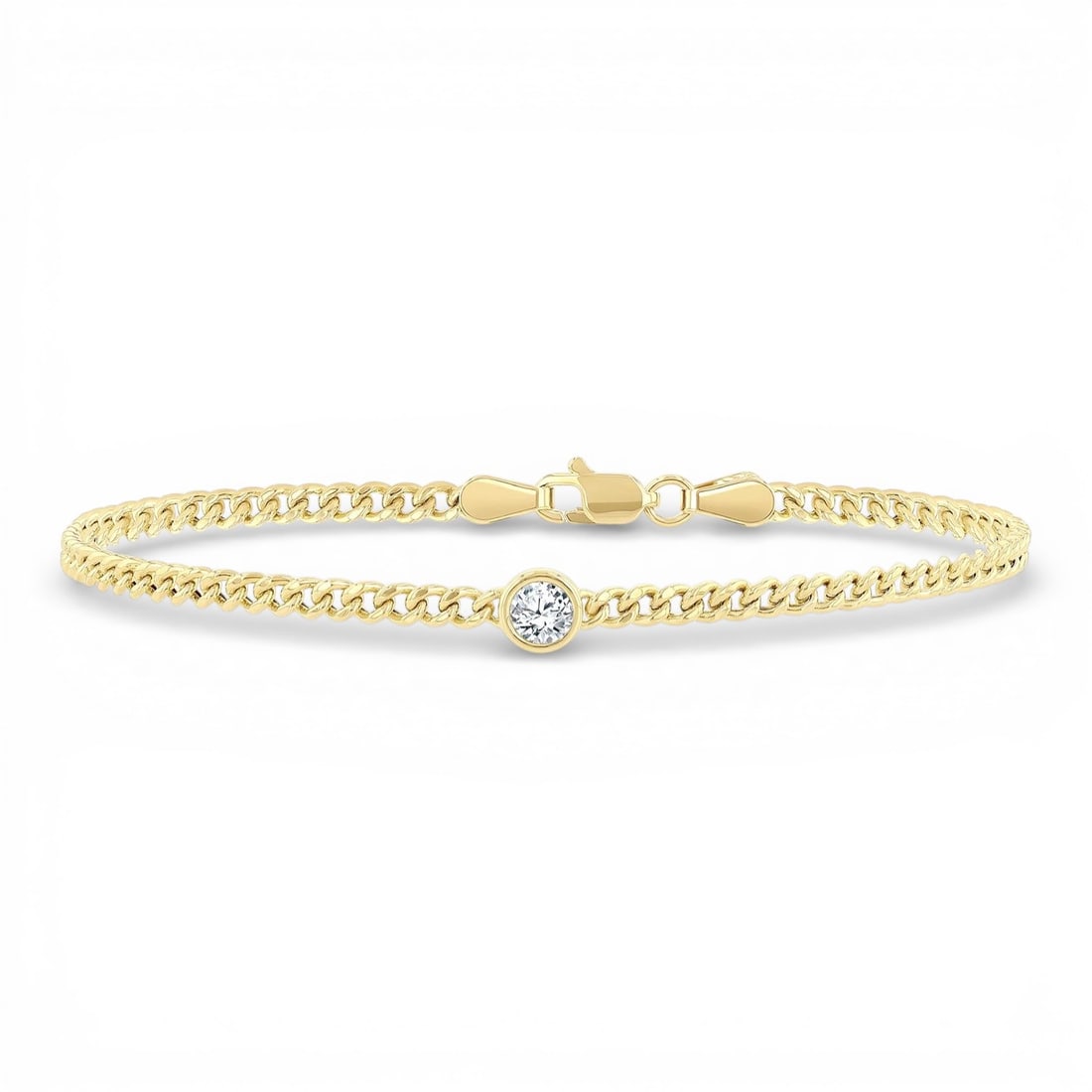 0.25 ctw Round Diamond Bezel Set 14K Yellow Gold Curb Link Bracelet: Exuding opulence and grace, this elegant Curb Link bracelet featuring Natural Diamond is crafted for the distinguished. A detailed Bezel gallery secures the stones, rendered in 0.5 grams of lustrous 1