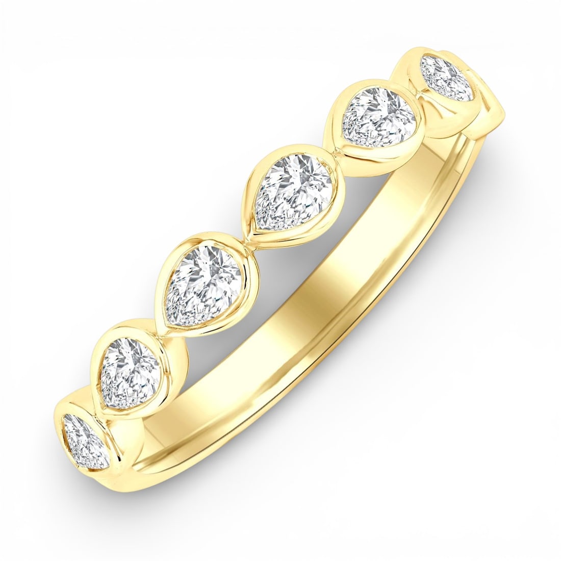 0.70 ctw Diamond East-West Set 14K Yellow Gold Band Ring: An exquisite masterpiece of haute joaillerie, this elegant East-West Set Pear Cut Bezel band ring featuring White Diamond is a true treasure. A detailed Bezel gallery secures the stones, rendered in 2