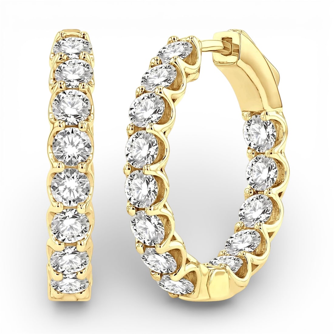 3.06 ctw White Diamond 14K Yellow Gold Hoop Earrings: Rare and radiant, this breathtaking Inside-Out Hoop pair of earrings featuring White Diamond offers a touch of the extraordinary. Showcasing the gems in an Inside-Out Hoop arrangement, the earrings co