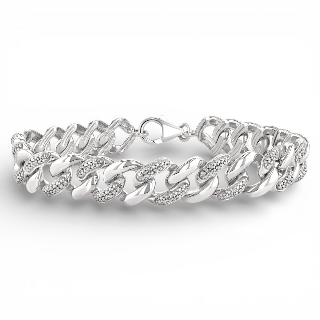 0.14 ctw Diamond Pave Curb & Cuban Link Sterling Silver Bracelet: Defining modern elegance, this stunning Curb & Cuban Link bracelet featuring Natural Diamonds captures the essence of style. Expertly mounted in a Pave setting, the bracelet is crafted in 16.65 grams 