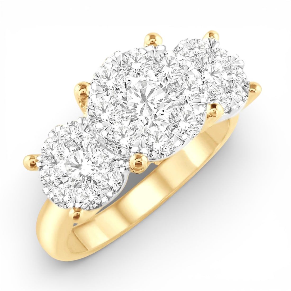 2.01 ctw White Diamond Cluster 14K Yellow & White Gold Ring: A symphony of light and color, this magnificent Cluster ring featuring White Diamond embodies the pinnacle of luxury. Expertly mounted in a Three-Stone Cluster setting, the ring is crafted in 6.0 gram
