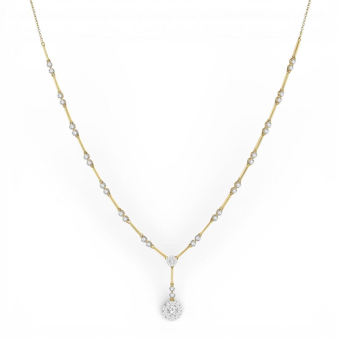 1.86 ctw Diamond Circular Bar Link Cluster 14K Yellow & White Gold Necklace: Captured in a moment of brilliance, this stunning Circular Bar Link Cluster necklace featuring Natural Diamonds speaks to the connoisseur. Securely held in a classic Y-drop design, the necklace is for