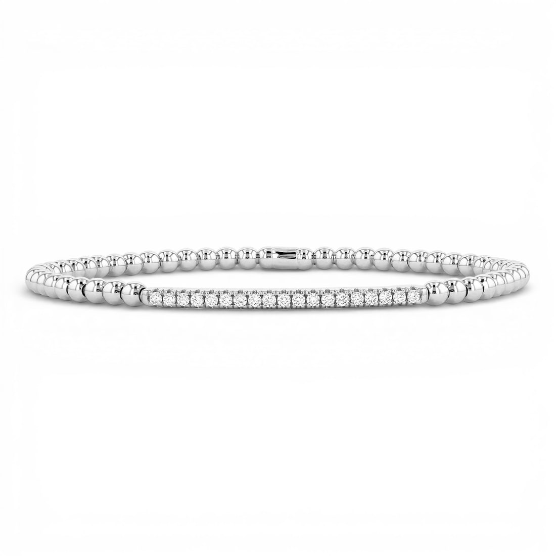 0.30 ctw White Diamond 18k White Gold Bracelet: Defining modern elegance, this elegant Sereno Stretch bracelet featuring White Diamonds captures the essence of style. The gemstones are nestled within a Bar framework, supported by a substantial 6.1 