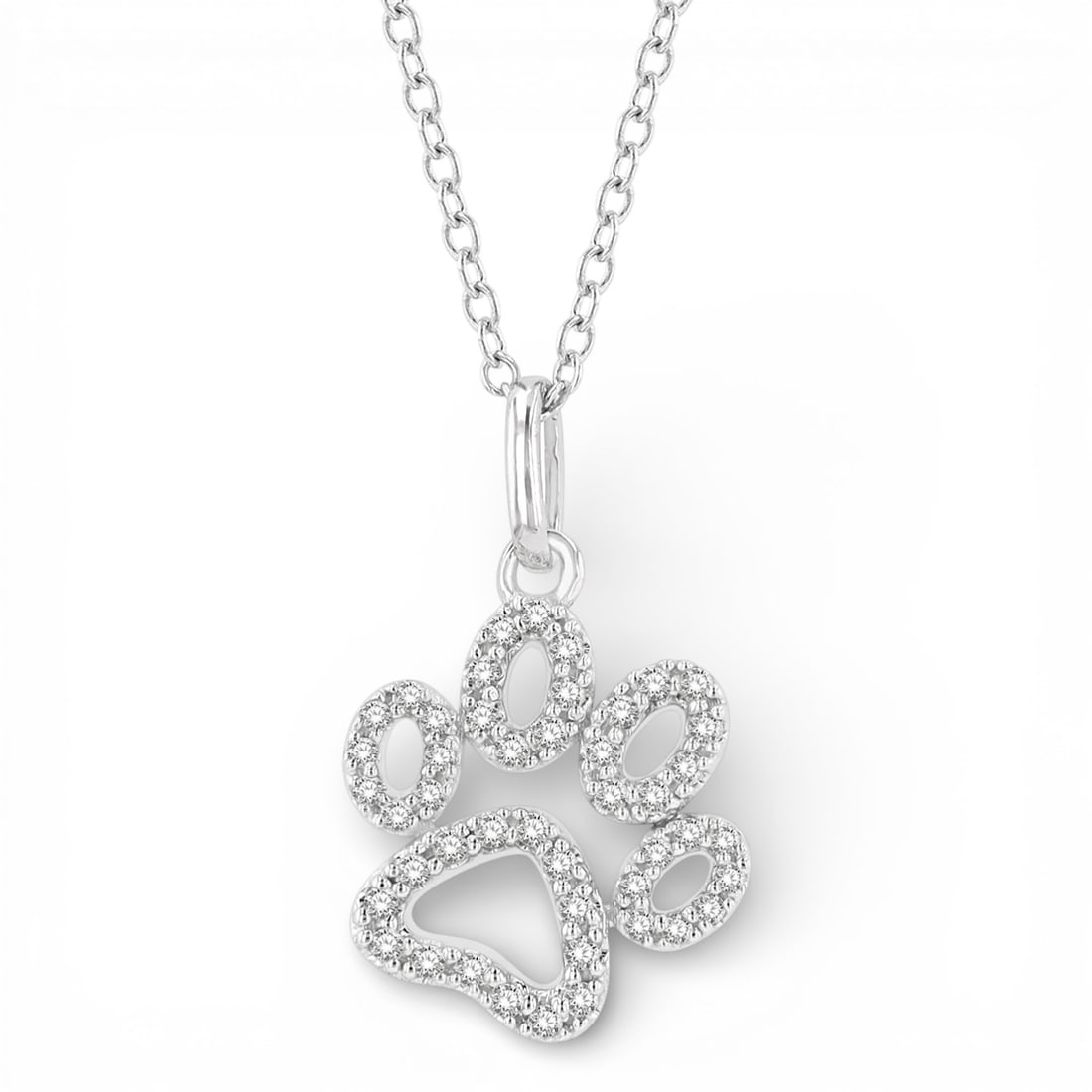 0.17 ctw Round Diamond Dog Paw Pendant Necklace 10K White Gold: A vision of luxury, this elegant Dog Paw necklace featuring White Diamonds defines sophistication. Securely held in a classic Pave design, the necklace is forged from 1.05 grams of high-polish 10K Whi