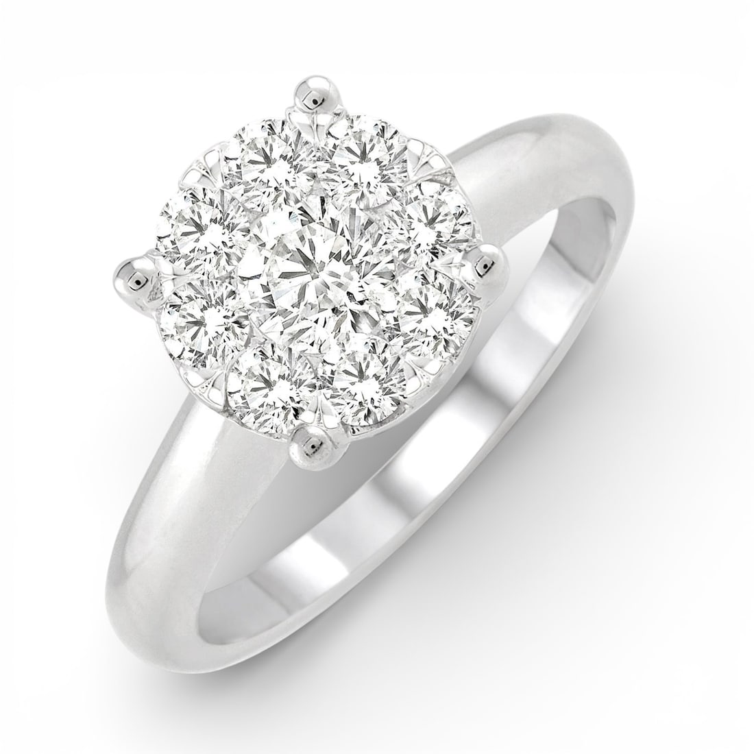 1.04 ctw White Diamond Cluster 14K White Gold Ring: A testament to superior craftsmanship, this exquisite Cluster ring featuring White Diamond is unparalleled. Crafted with precision, the Cluster setting is seamlessly integrated into 4.15 grams of 14K 
