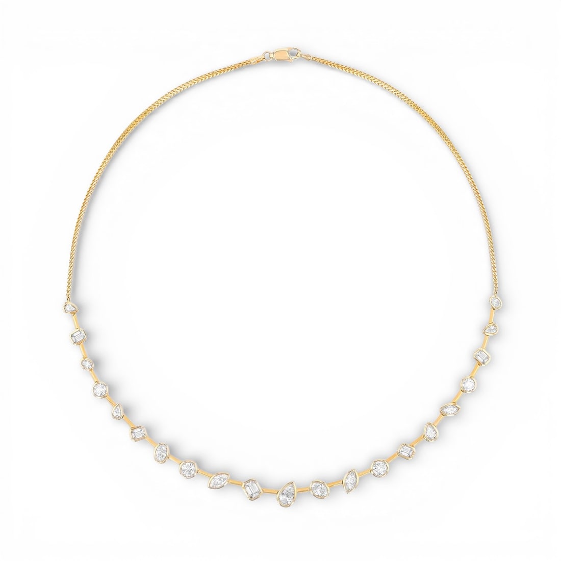 5.09 ctw Multishape Diamond Bezel 18K Yellow Gold Necklace: Timeless and sophisticated, this breathtaking Bezel necklace featuring White Diamond radiates enduring beauty. The gemstones are nestled within a Bezel framework, supported by a substantial 12.5 grams