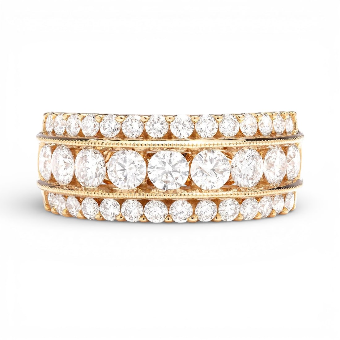 Duchess Classic 1.89 ctw Diamond 3-Row 18K Yellow Gold Band Ring: Defining modern elegance, this magnificent 3-Row ring featuring White Diamond captures the essence of style. Expertly mounted in a Multi-Row Band setting, the ring is crafted in 8.25 grams of solid 18
