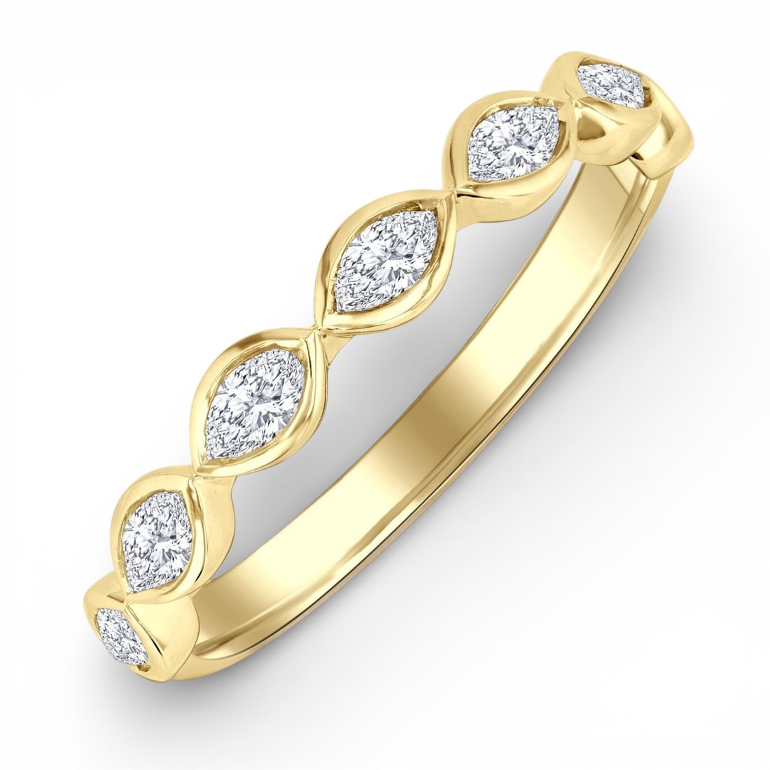0.7 ctw Marquise Diamond East-West Set 14K Yellow Gold Stackable Band: A vision of luxury, this magnificent East-West Set band ring featuring White Diamond defines sophistication. The gemstones are nestled within a Bezel framework, supported by a substantial 2.55 grams 1