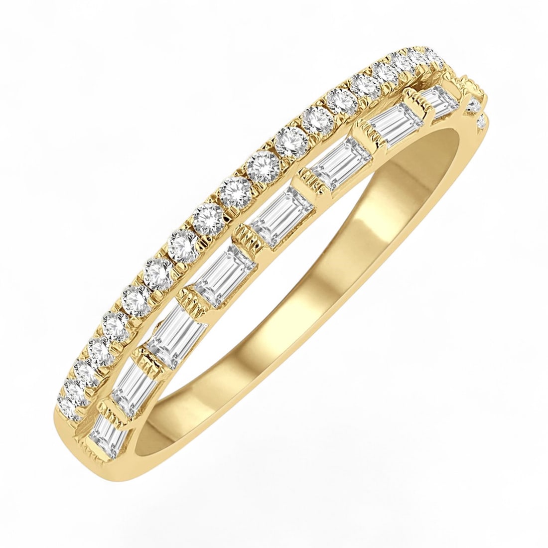 0.5 Ctw Parallel Row Baguette Round Cut Stackable Fashion White Diamond Modern 14K Yellow Gold Ring (1 of 3)