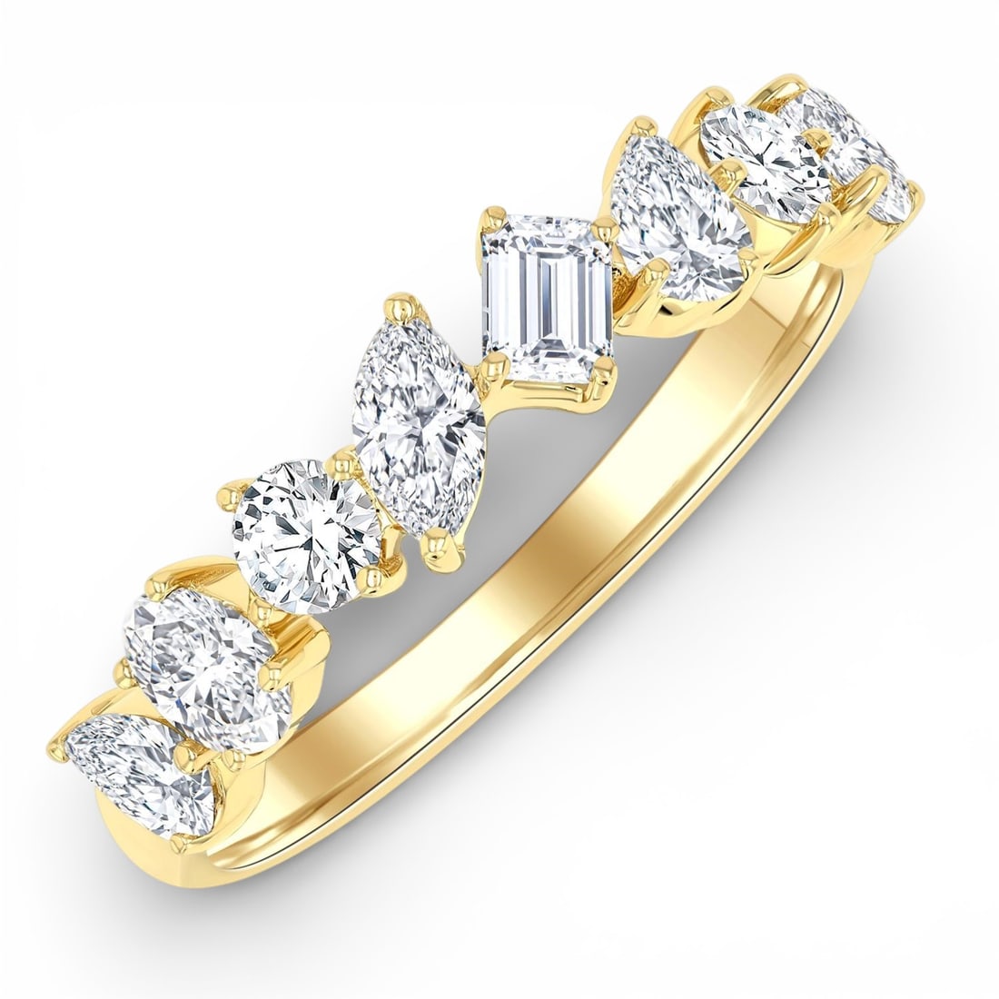 1.12 ctw White Diamond Mixed Shape 14K Yellow Gold Band Ring: Epitomizing grandeur, this exquisite Mixed Shape band ring featuring White Diamond stands as a beacon of refined taste. Showcasing the gems in a Fashion Band arrangement, the band ring consists of 2.5
