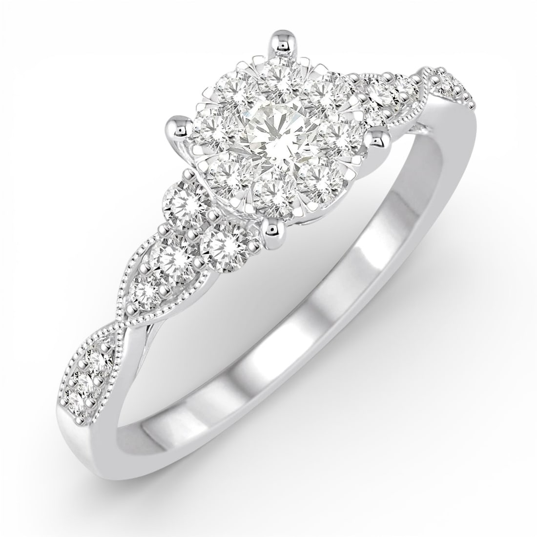 0.54 ctw White Diamond Cluster 14K White Gold Engagement Ring: An exquisite masterpiece of haute joaillerie, this exquisite Cluster ring featuring White Diamond is a true treasure. A detailed Cluster gallery secures the stones, rendered in 2.8 grams of lustrous 1