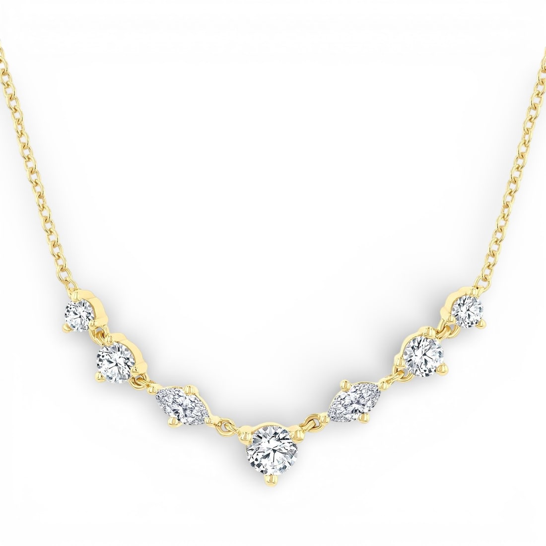 0.51 ctw Marquise & Round Cut Diamond 14K Yellow Gold Pendant Necklace: A testament to superior craftsmanship, this stunning Marquise & Round Cut pendant necklace featuring White Diamond is unparalleled. Showcasing the gems in a Bar/Fixed Pendant arrangement, the pendant 