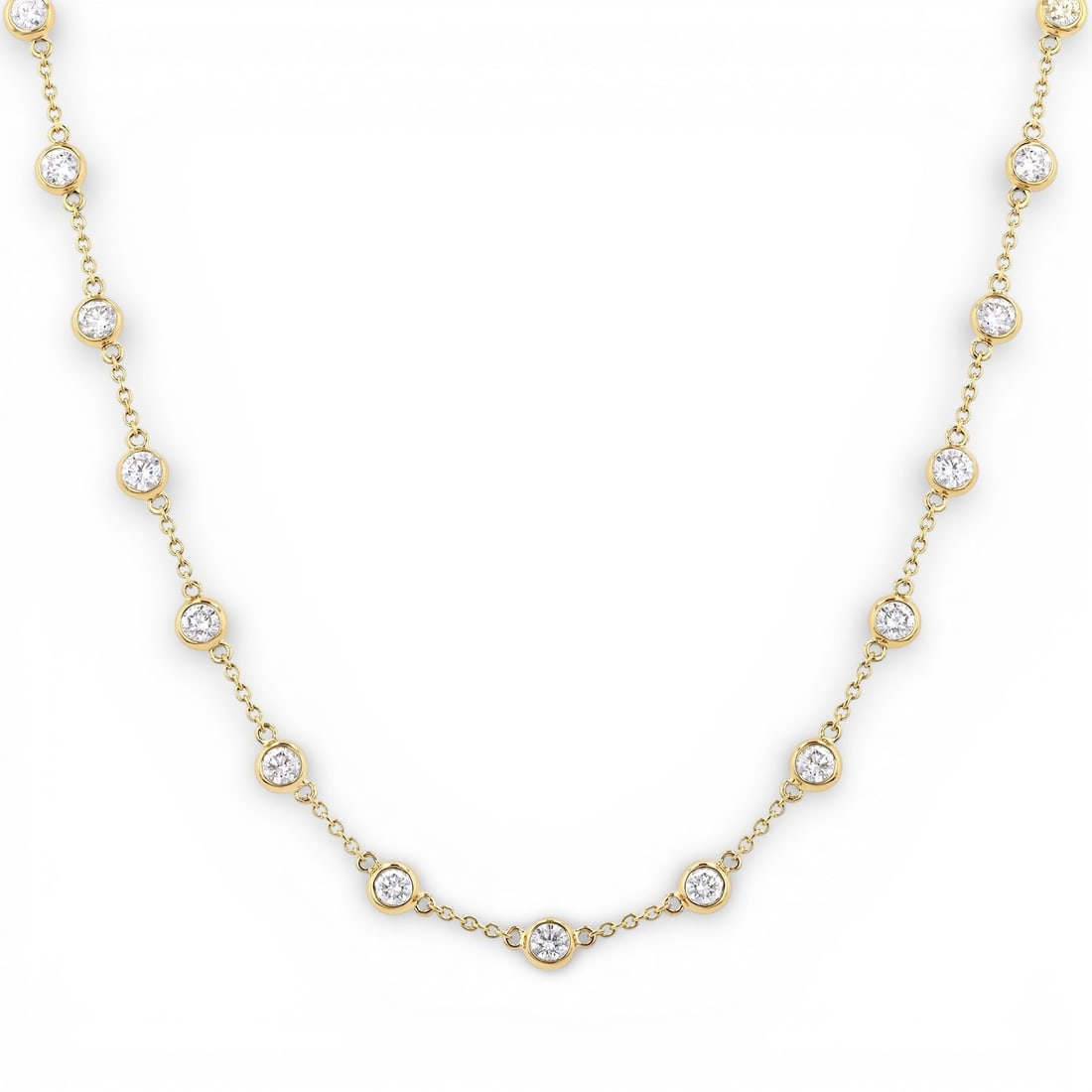3.01 ctw Diamond Bezel Station 14K Yellow Gold Necklace: Rare and radiant, this breathtaking Bezel Set Station necklace featuring Natural Diamonds offers a touch of the extraordinary. A detailed Station gallery secures the stones, rendered in 5.95 grams of 