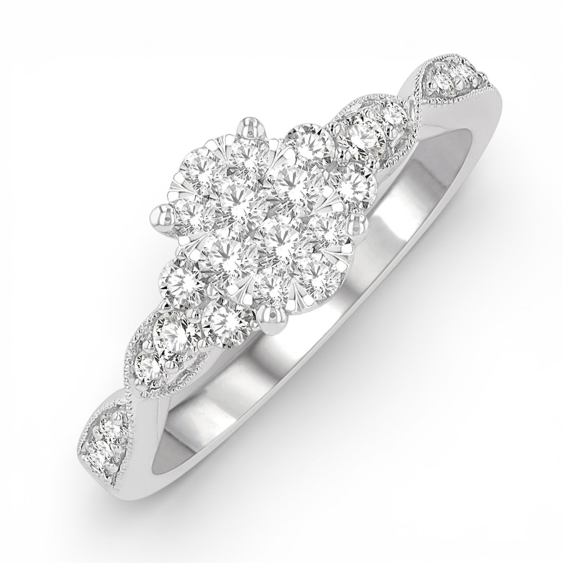 0.5 ctw Oval Cluster Diamond Criss Cross 14K White Gold Engagement Ring: A testament to superior craftsmanship, this exquisite Criss Cross Carved Shank ring featuring White Diamond is unparalleled. Showcasing the gems in a Cluster arrangement, the ring consists of 2.95 gra