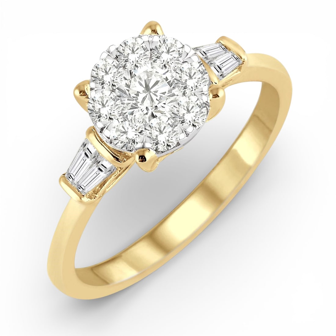 0.71 ctw Round and Baguette Diamond Cluster 14K Yellow & White Gold Ring: Epitomizing grandeur, this magnificent Cluster ring featuring White Diamond stands as a beacon of refined taste. Crafted with precision, the Three-Stone setting is seamlessly integrated into 2.9 g of 