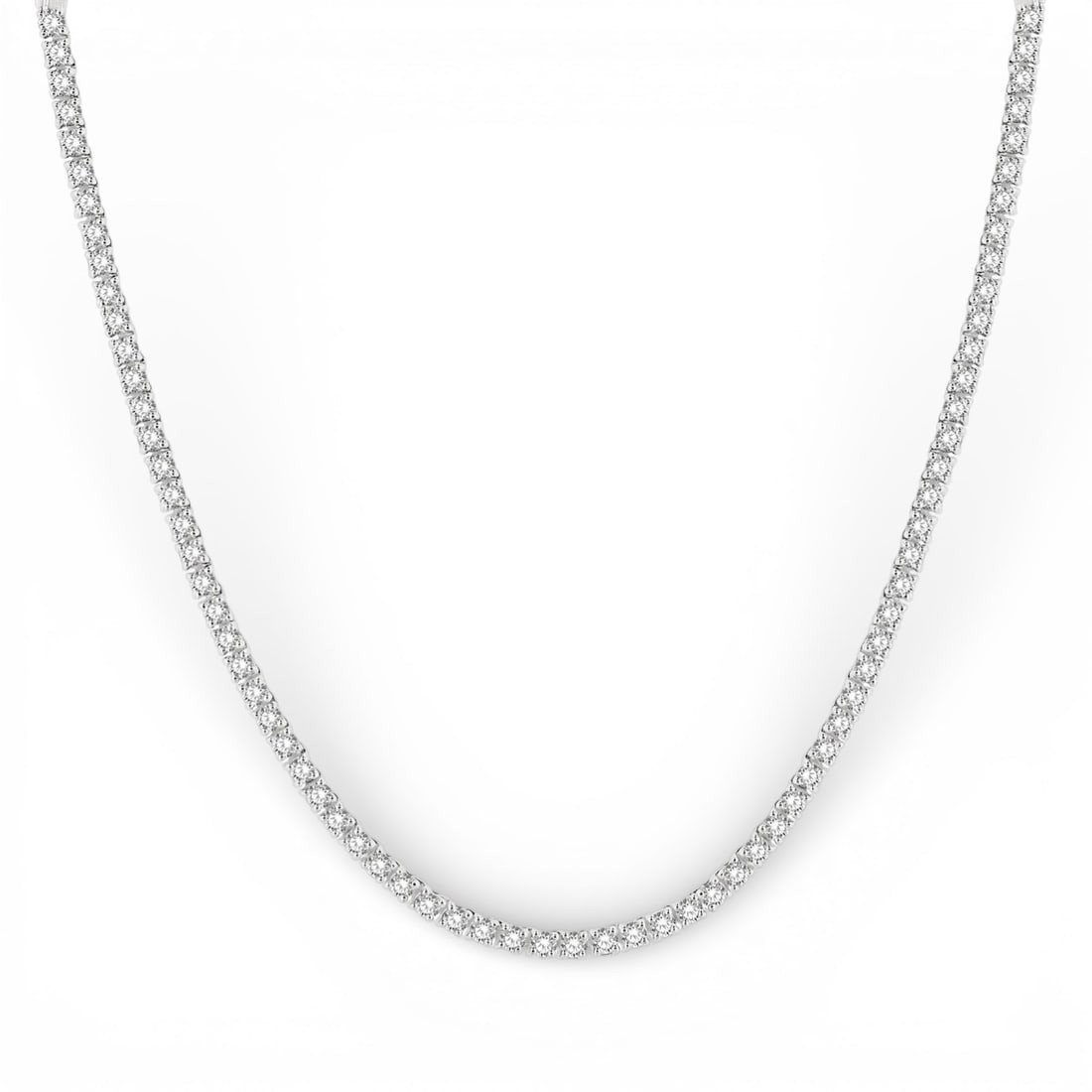 5.02 ctw Diamond 14K White Gold Tennis Necklace: Rare and radiant, this stunning Tennis necklace featuring White Diamond offers a touch of the extraordinary. Crafted with precision, the Continuous Line/Tennis setting is seamlessly integrated into 15