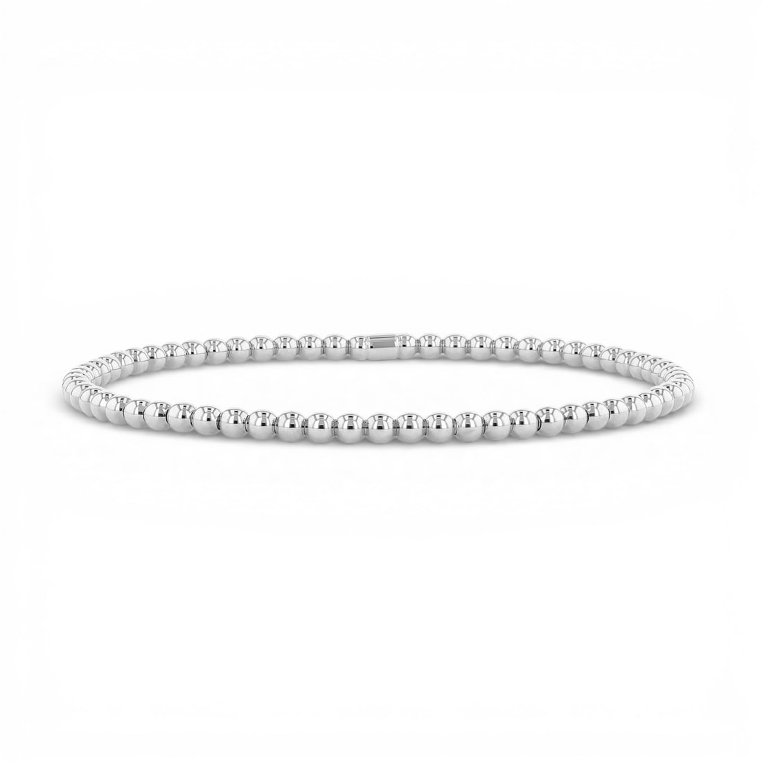Sereno Gold Bead Stretch 18K White Gold Bracelet: A vision of luxury, this elegant Gold Bead Stretch bracelet defines sophistication. The design is created using a Beaded/Strung Construction framework, supported by a substantial 6.2 grams 18K White G