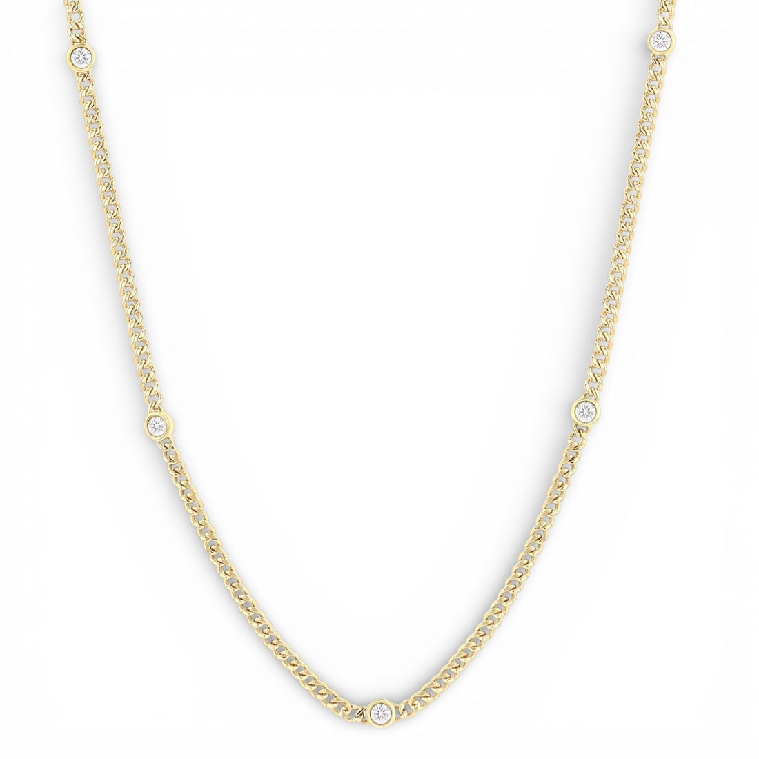 0.49 ctw Bezel-Set Diamond Curb Link Station 14K Yellow Gold Necklace: A testament to superior craftsmanship, this stunning Curb & Cuban Link necklace featuring White Diamond is unparalleled. Crafted with precision, the Station setting is seamlessly integrated into 1.45 