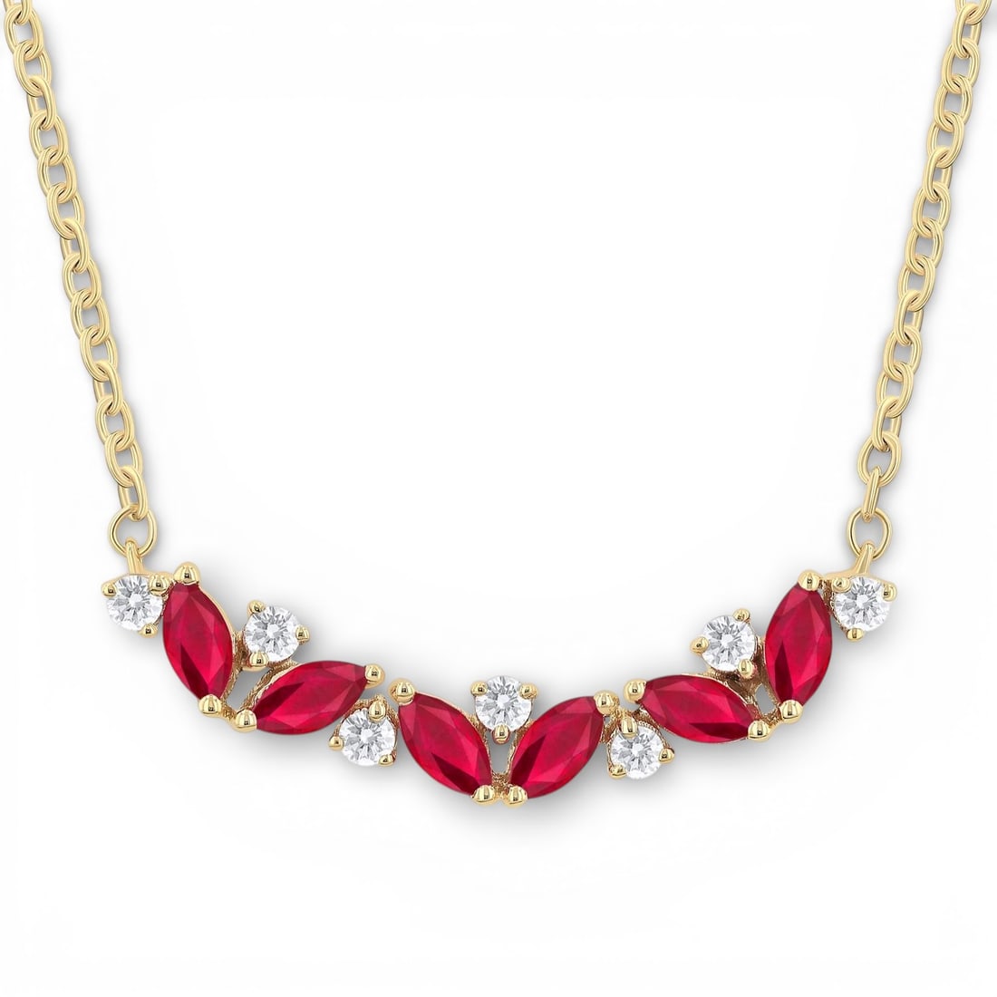 4x2mm Marquise Ruby and 0.15 ctw Diamond 14K Yellow Gold Pendant Necklace: Epitomizing grandeur, this breathtaking Zig-Zag necklace featuring Ruby, White Diamond stands as a beacon of refined taste. A detailed Cluster gallery secures the stones, rendered in 0.75 grams of lus