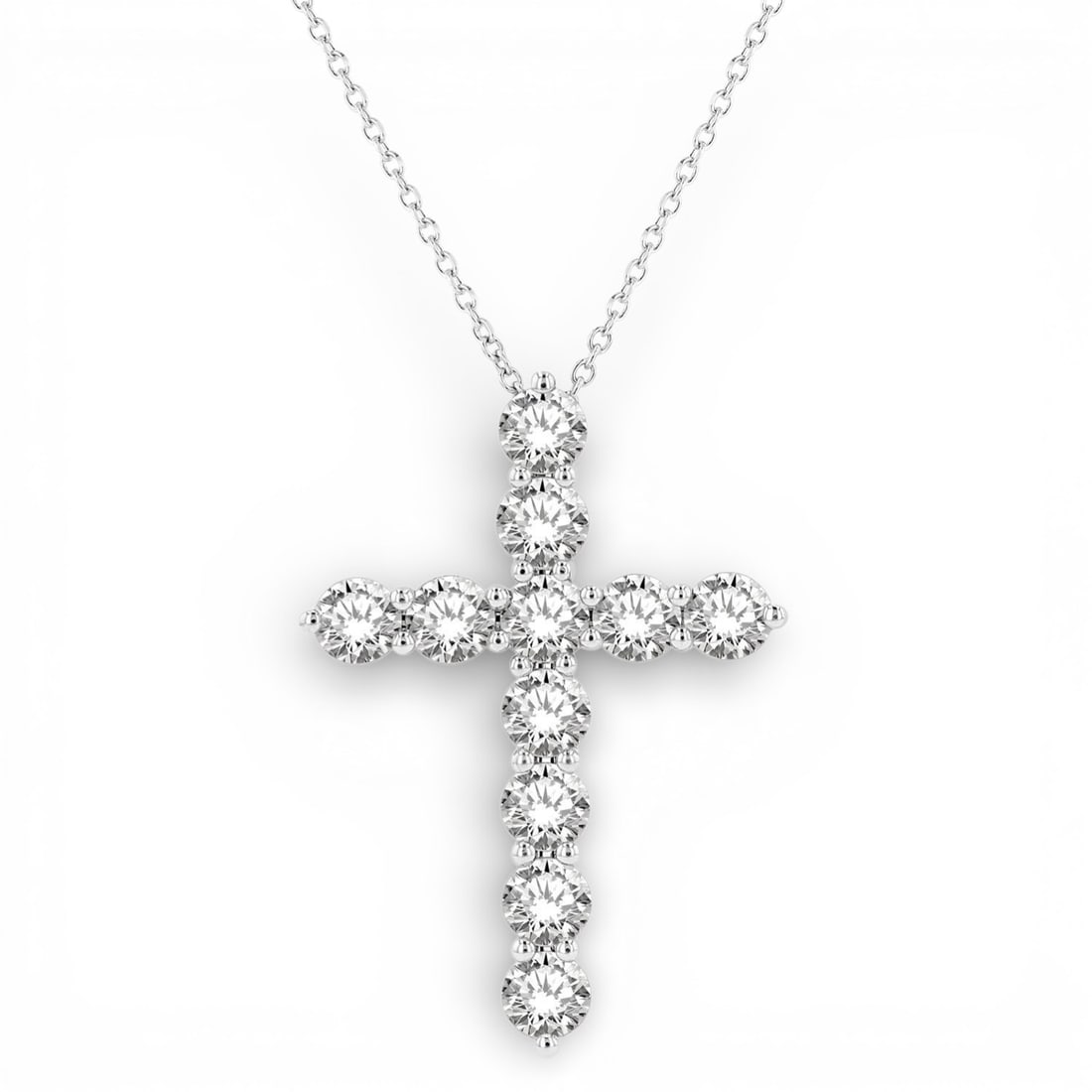 2.97 ctw White Diamond Cross 14K White Gold Pendant Necklace: An exquisite masterpiece of haute joaillerie, this magnificent Cross pendant necklace featuring Natural Diamonds is a true treasure. A detailed Line Setting gallery secures the stones, rendered in 2.2